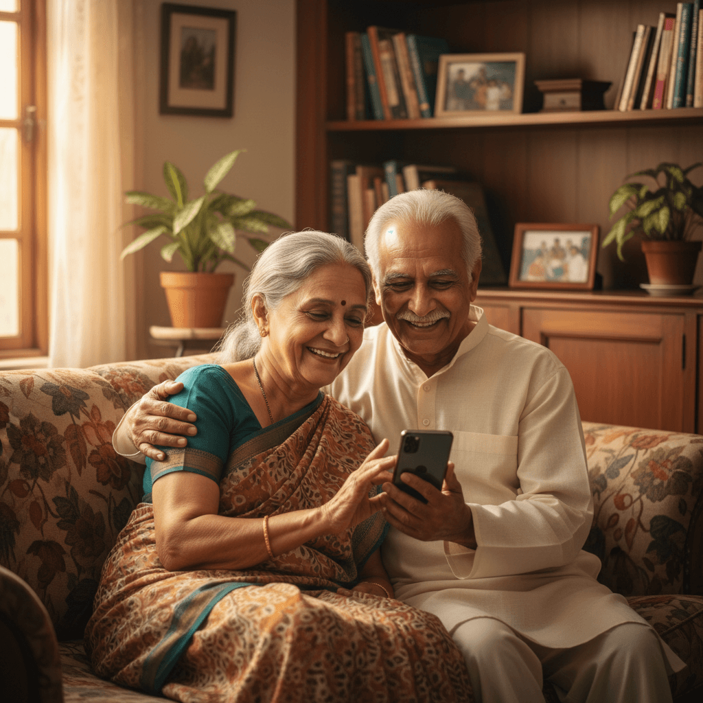 Elderly Indian couple smiling at a smartphone